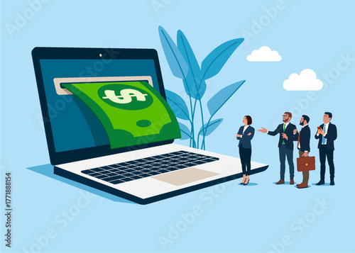 Dollar banknote coming out laptop. Earnings on the Internet, E-commerce, Internet Marketing.  Online Savings. Vector flat illustration