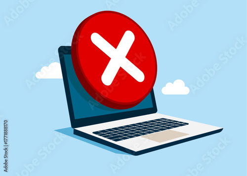 Cross mark on laptop screen. System Work Error, 404 Maintenance Page Not Found. Vector flat illustration
