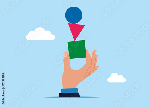 Different shapes, circle, square and triangle stones are balancing in the hand, the concept of harmony and balance. Vector flat illustration