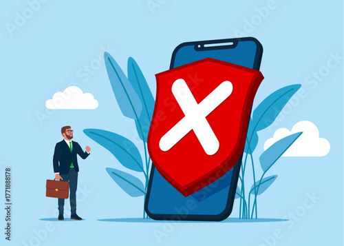 Cross mark on smartphone screen. System Work Error, 404 Maintenance Page Not Found. Vector flat illustration