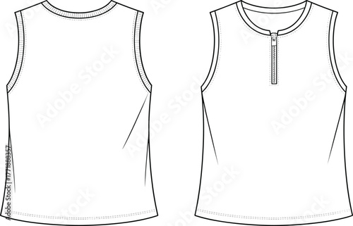 Sleeveless zipper front top, round neckline fashion design, women’s apparel sketch, stylish garment illustration, technical flat drawing, modern clothing template, casualwear