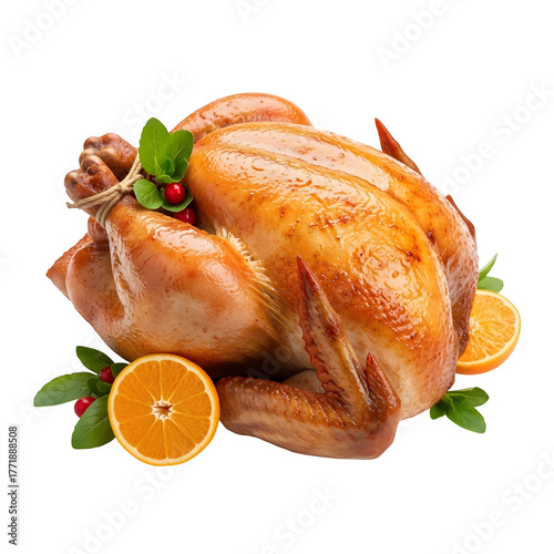 Whole roasted thanksgiving chicken meal isolated on a transparent or white background. PNG
