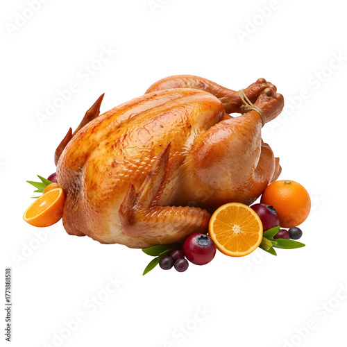 Whole roasted thanksgiving chicken meal isolated on a transparent or white background. PNG
