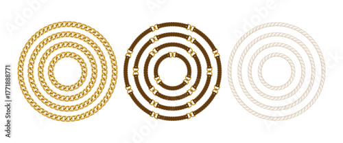 Gold chain, belt and rope set. Vector necklace.