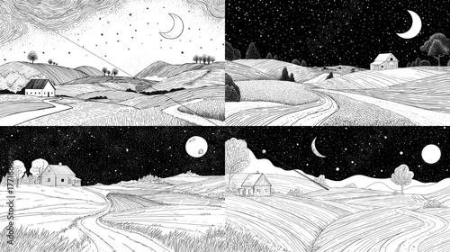 Monochrome line illustration of a quiet countryside under moonlight with stars and rolling hills. Perfect for landscape art, calm scenery, and rural night concepts.