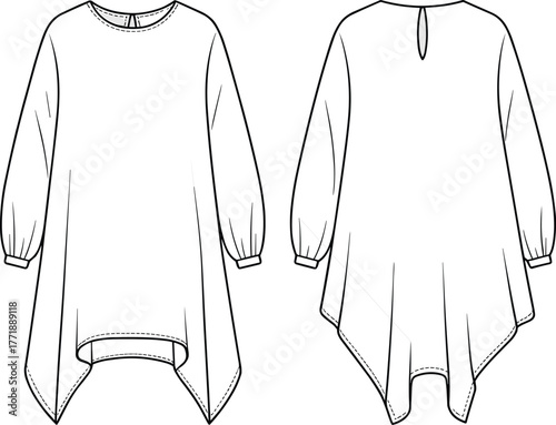 Women’s tunic top illustration, fashion flat sketch, bishop sleeve blouse design, asymmetrical hemline garment, technical drawing, apparel template, clothing vector art