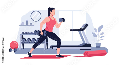 Fit woman confidently lifting dumbbells in modern gym, achieving fitness goals with energy and strength.