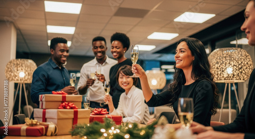 Diverse colleagues celebrating Christmas in a modern office, toasting champagne and exchanging gifts, conveying teamwork and festive joy