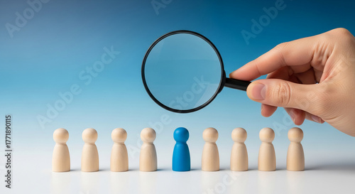Hand holding a magnifying glass over wooden figurines, one blue, representing focus, selection, unique skill, different approach, or recruitment