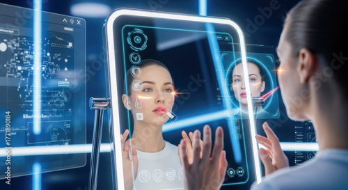 Young woman using futuristic digital mirror with augmented reality facial recognition and beauty analysis interface.