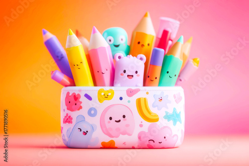 Cute cartoon pencil case filled with art supplies