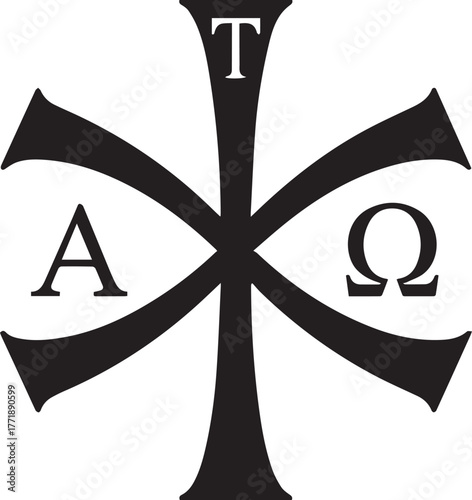 Black Chi Rho symbol with Alpha and Omega letters on white background christianity