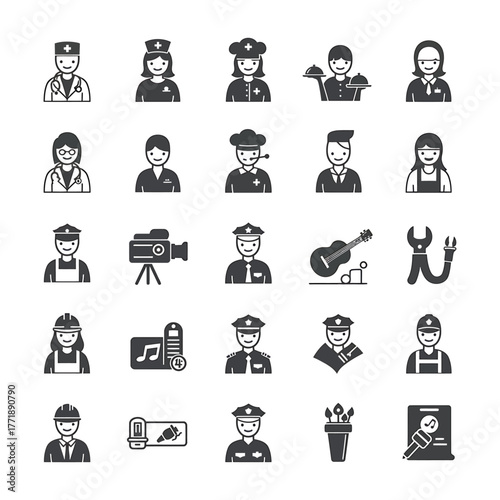 Professions and Occupations Icon Set doctor nurse chef waiter office worker pharmacist call center sailor cameraman police officer