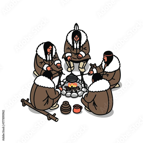 Native people in warm fur clothing prepare a meal on an open flame outside