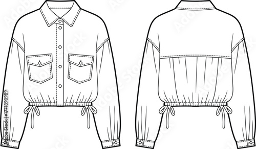 Cropped button up shirt technical fashion illustration, front back view, long sleeve blouse design, drawstring hem detail, apparel flat sketch, garment template