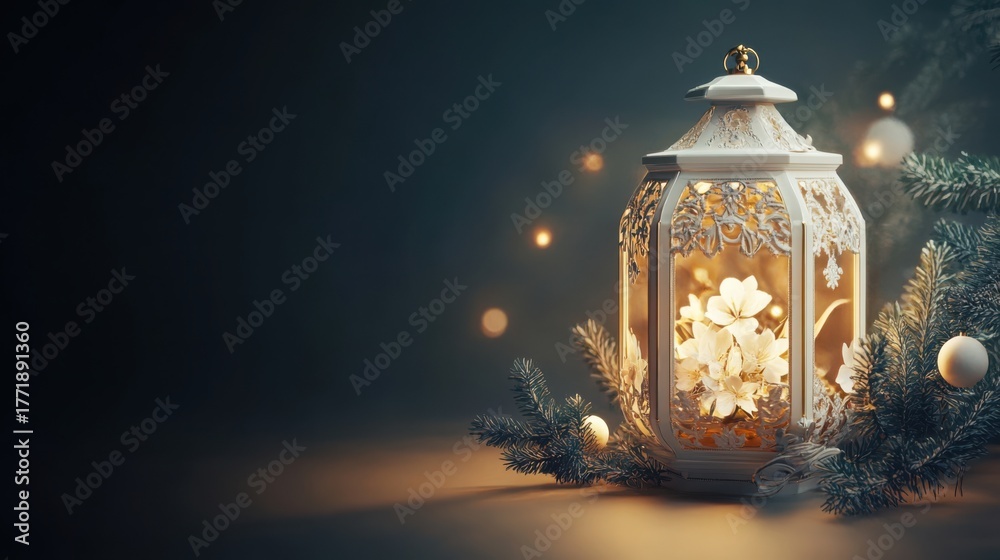 Fototapeta premium Elegant christmas lantern casting a warm glow amidst snowy pine branches and bokeh lights