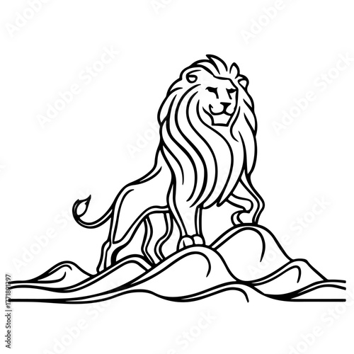 A lion stands atop a mountain. Contour vector logo in linear art style