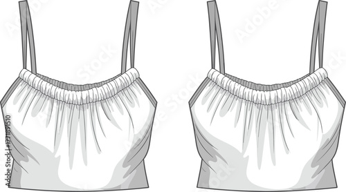 Cropped ruched tank top technical fashion illustration, front view clothing sketch, sleeveless fitted camisole design, apparel flat drawing, garment construction template