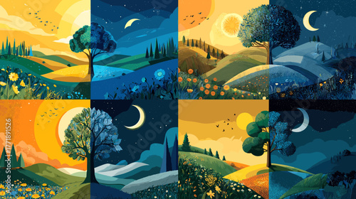 Stylized landscape illustration showing day and night cycle with trees, hills, sun, and moon. Perfect for nature, concept art, and creative design themes.