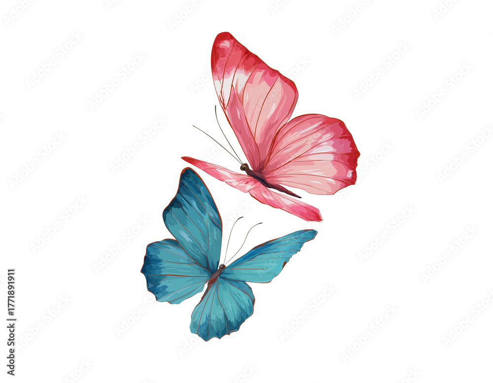 Fototapeta premium two realistic pink and blue butterflies flying, side view, white background, vector illustration, colorful illustrations