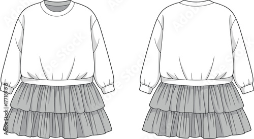 Kids sweatshirt dress with tiered skirt technical fashion illustration, front back view, casual children’s apparel design, garment construction drawing, clothing flat template