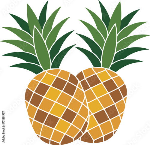 Two stylized pineapples with green leaves and checkered yellow and brown bodies on a white background