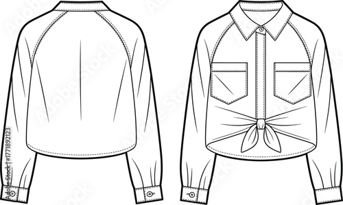 Long sleeve tie front shirt technical fashion illustration, front back view, collared blouse design, apparel flat sketch, garment construction drawing, clothing template