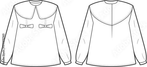 Peter Pan collar blouse with bow detail technical fashion illustration, front back view, puff sleeve shirt design, women’s apparel flat sketch, garment template
