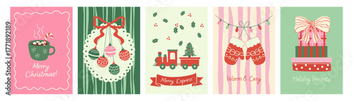 Set of Christmas vertical greeting cards with festive ornaments, red ribbon pattern, decorated fir tree, mittens, and cocoa  for season celebration. Vector illustration.
