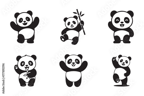 panda silhouettes, panda silhouette logo, collection of cute black and white panda bear, vector illustration EPS 10.