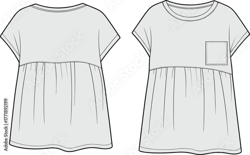 Short sleeve gathered top technical fashion illustration, front back view, loose fit blouse design, casual apparel flat sketch, garment construction template