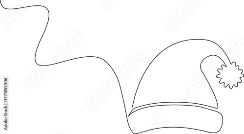 Continuous one line art drawing of  Christmas Santa Claus hat, minimalist continuous line illustration, single line festive winter hat vector, modern Santa cap, outline isolated on white background