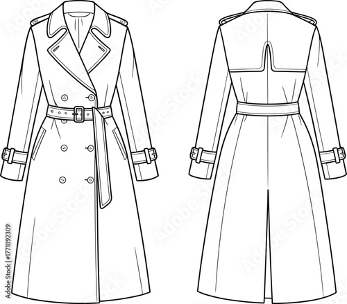Trench coat technical fashion illustration, front back view, double breasted outerwear design, belted long coat sketch, garment construction drawing, apparel flat template