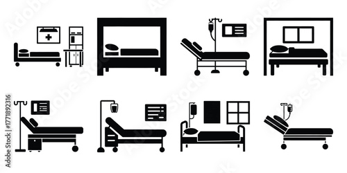 hospital room minimal silhouette vector icon set