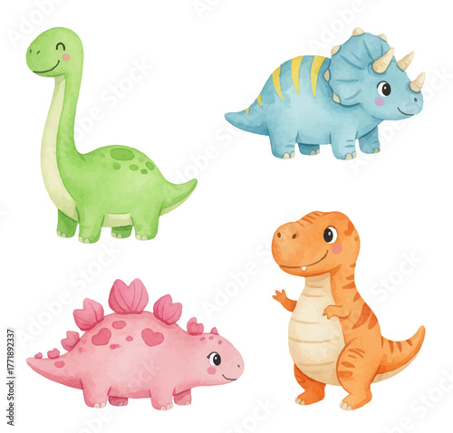 Cartoon dinosaur vector illustration set. Amusing collection of four colorful prehistoric characters: long-neck, triceratops, stegosaurus, T-rex.