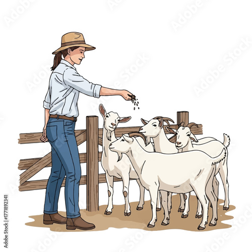 The goat farmer provides food to her goats near a rustic wooden enclosure.
