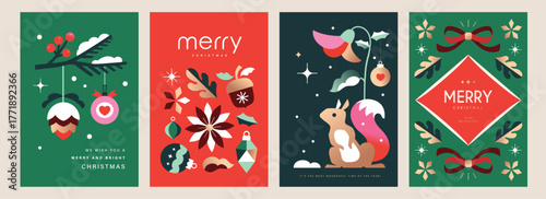 Set of Merry Christmas and Happy New Year background, banner, cover, poster design with trendy flat style illustration.