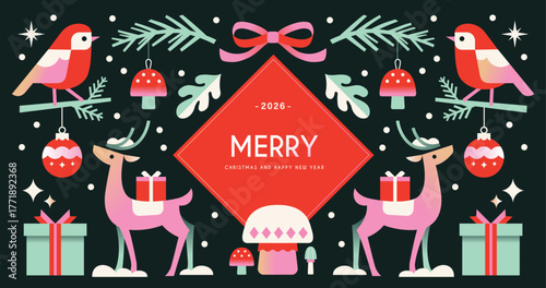 Merry Christmas and Happy New Year background, banner, poster design with trendy flat style illustration.

