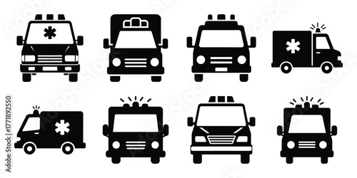 medical ambulance front icon set minimal silhouette vector icon set