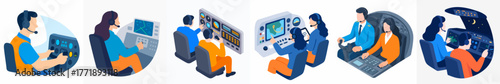 Isometric Style Diverse Aviation Professionals and Crew Working Icons Set