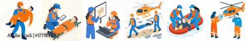 Isometric Detailed First Aid Rescue Team Emergency Evacuation Scene Illustration