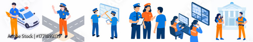 Isometric Detailed Police Officer and Law Enforcement Activities Illustration