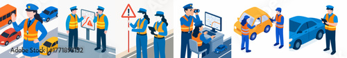Isometric Detailed Traffic Violation and Law Enforcement Illustration Set of Scenes