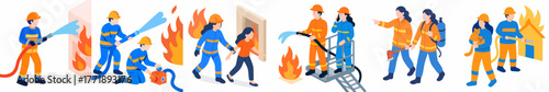 Modern Flat Firefighter Character with Action Poses Job Profession Illustration