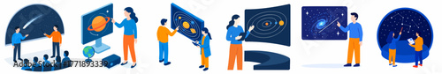 Flat Illustration People Learning Astronomy Space Universe Exploration Educational Scene
