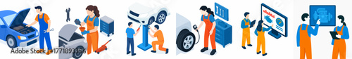 Isometric Automotive Car Service and Repair with Mechanics Inspection Illustration