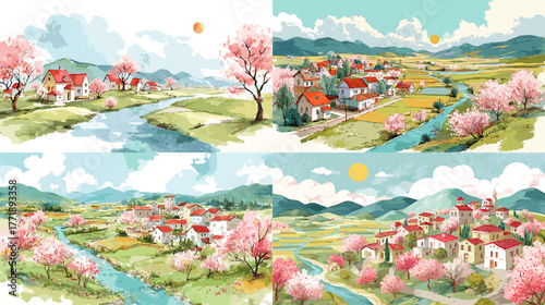 Colorful watercolor painting of a peaceful spring village with cherry blossoms, river, and mountains. Ideal for travel, nature, and scenic art themes.