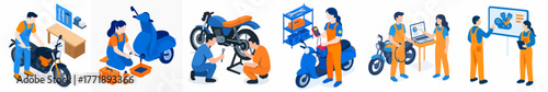Isometric Cartoon People Repairing and Maintaining Motorcycles and Scooters Collection
