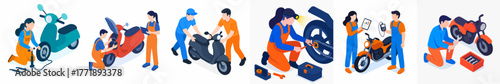 Isometric Style Various Motorcycle Repair and Maintenance Services People Illustration