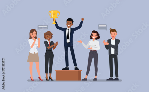 Business Success and Award concept. Businessman holding trophy on podium, team clapping and celebrating flat character vector illustration design.